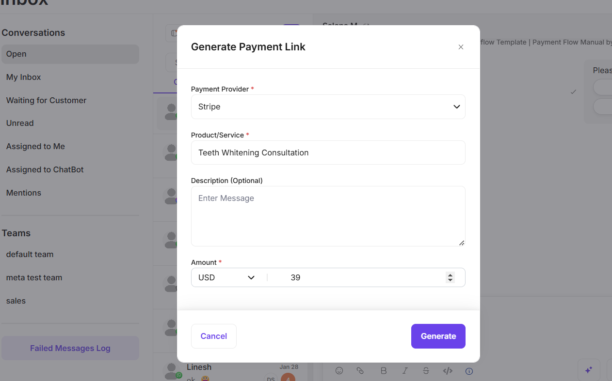 Generate Payment Link for whatsapp payments